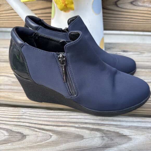 Donald J. Pliner Nikita-D Wedge Navy Blue Size 8.5 Fabric/Leather Upper - Picture 10 of 11